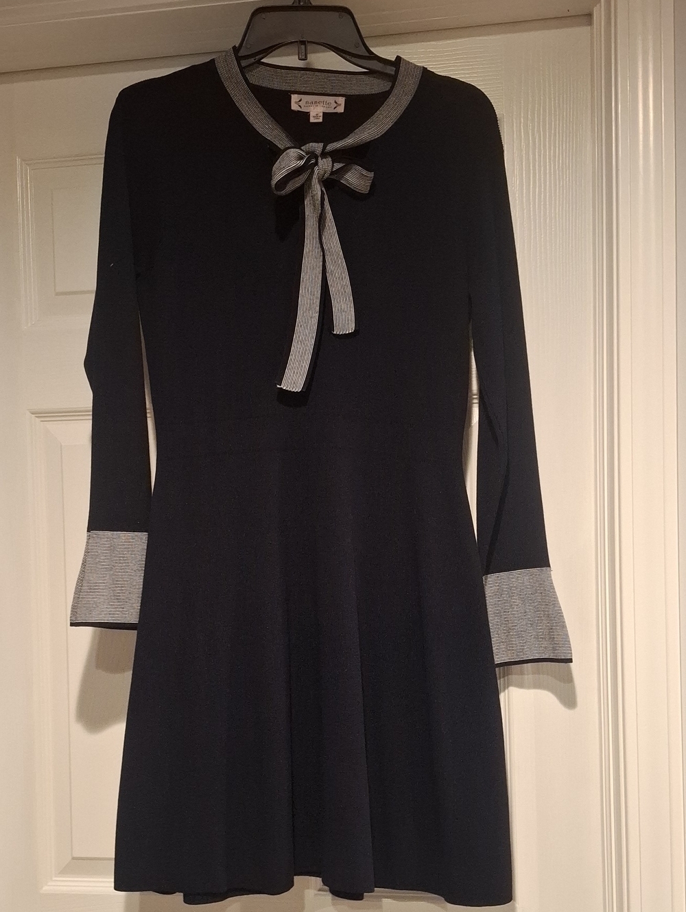Navy Knit Dress with White Trim and Bow